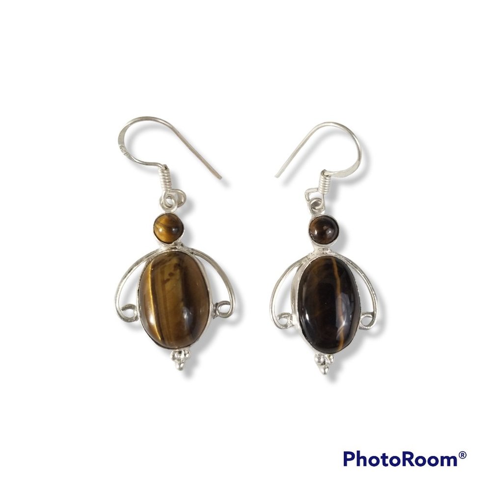 Tiger's Eye Drop/Dangle Earrings Oval Cabochon Sterling Silver